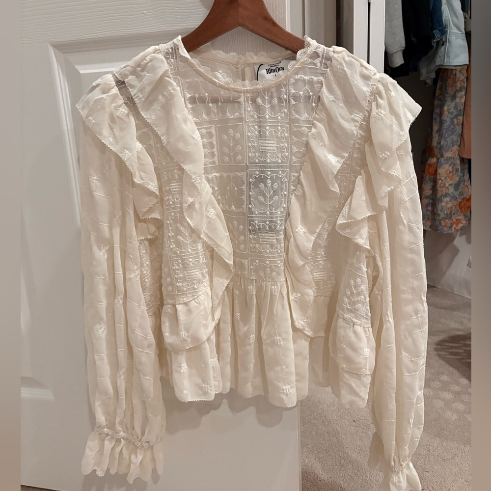 Primark Cream Ruffle Embroidered Long Sleeve Blouse